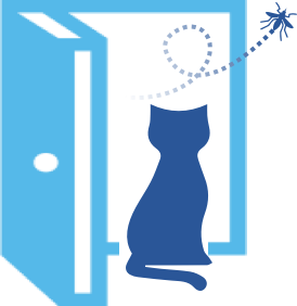 illustration of cat in house with mosquitoes flying around